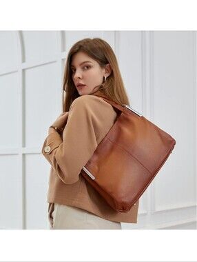 Heshe Genuine Leather Hobo Shoulder Tote In Sorrel